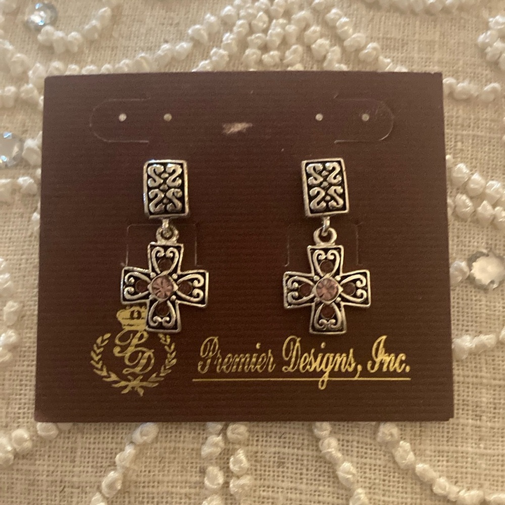 Premier Designs Silver Marissa Cross Earrings with Lavender Gem